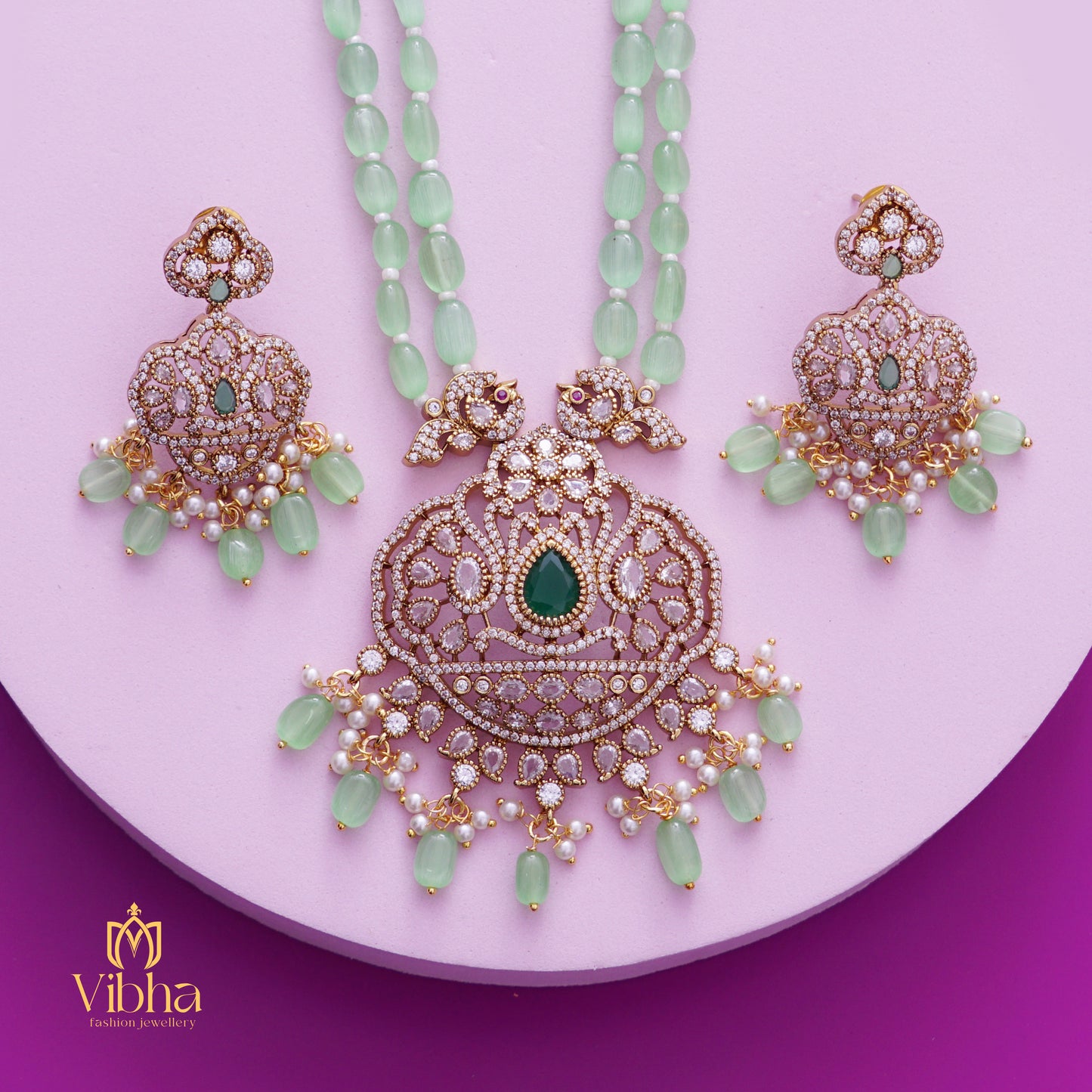 Double Peacock Design Beads Haram and Earrings Set