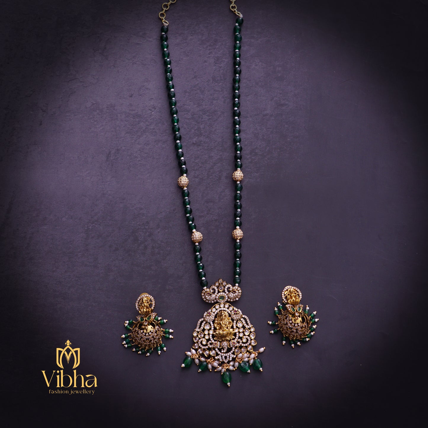 Double Peacock Design Beads Mala and Jhumkas Set