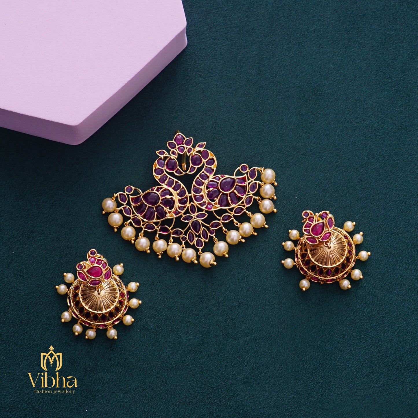 Double Peacock Pendant and Jhumkas Set