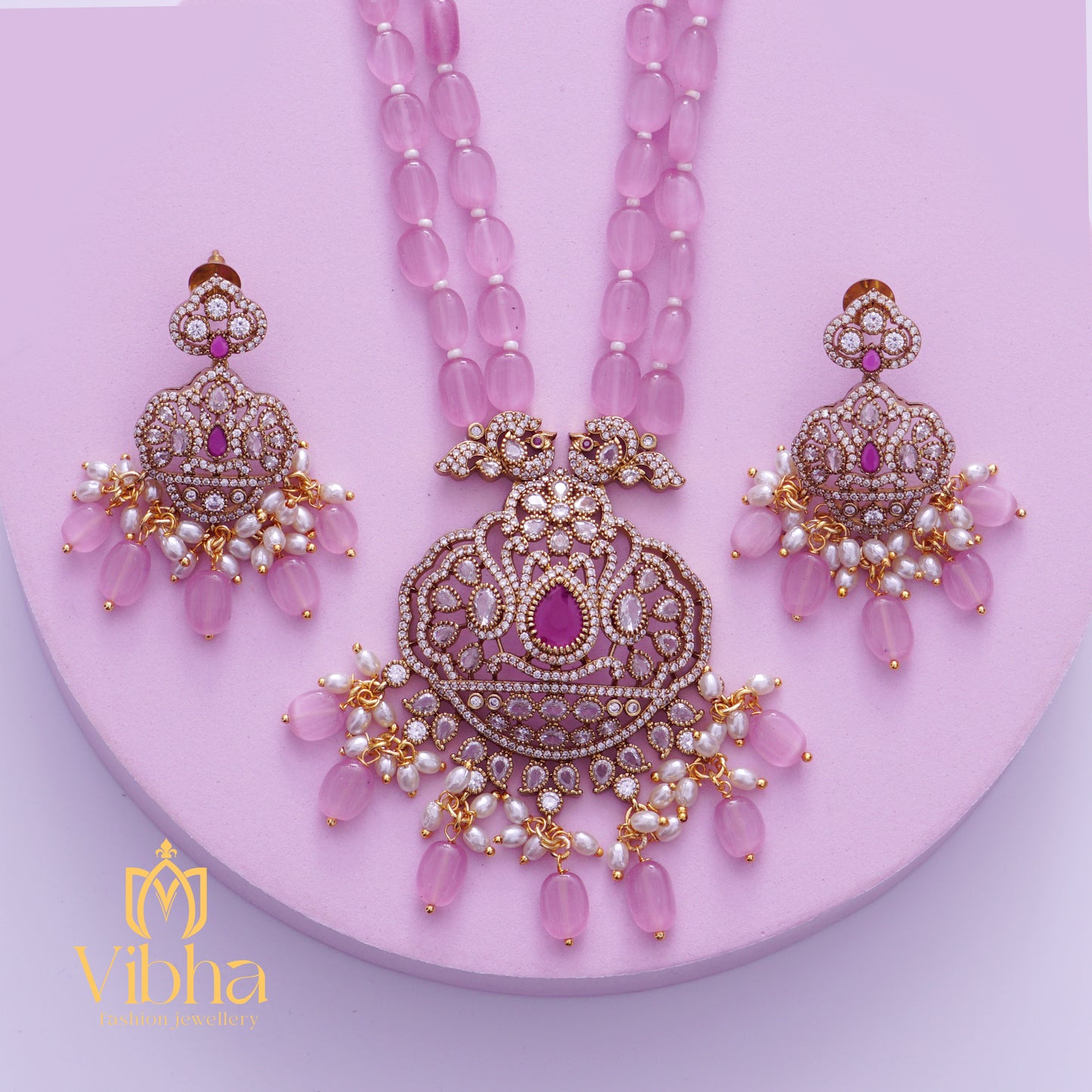 Double Peacock Design Beads Haram and Earrings Set