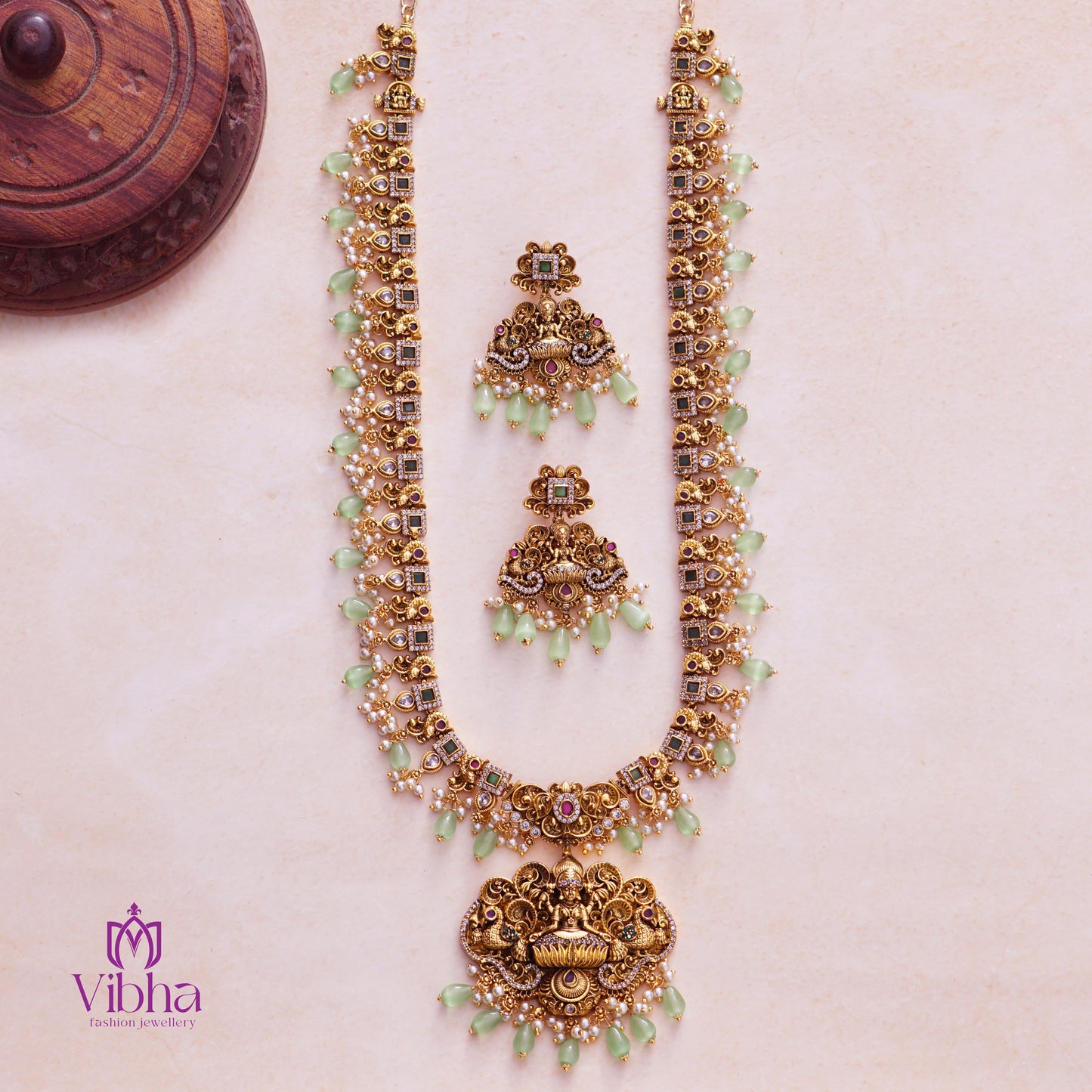 Peacock Design Haram Set with Lakshmi Devi Idol