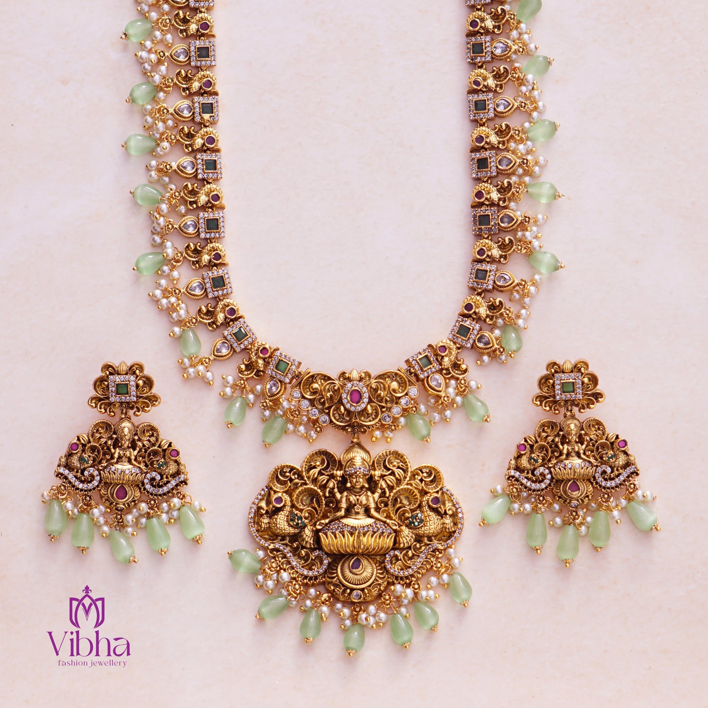 Peacock Design Haram Set with Lakshmi Devi Idol