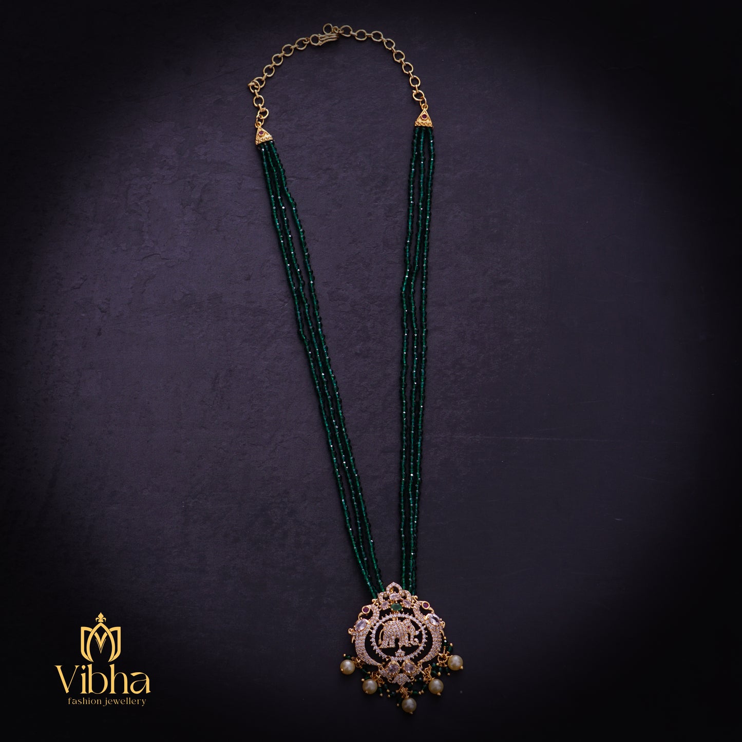 Double Peacock Design Beads Mala with Elephant Motifs
