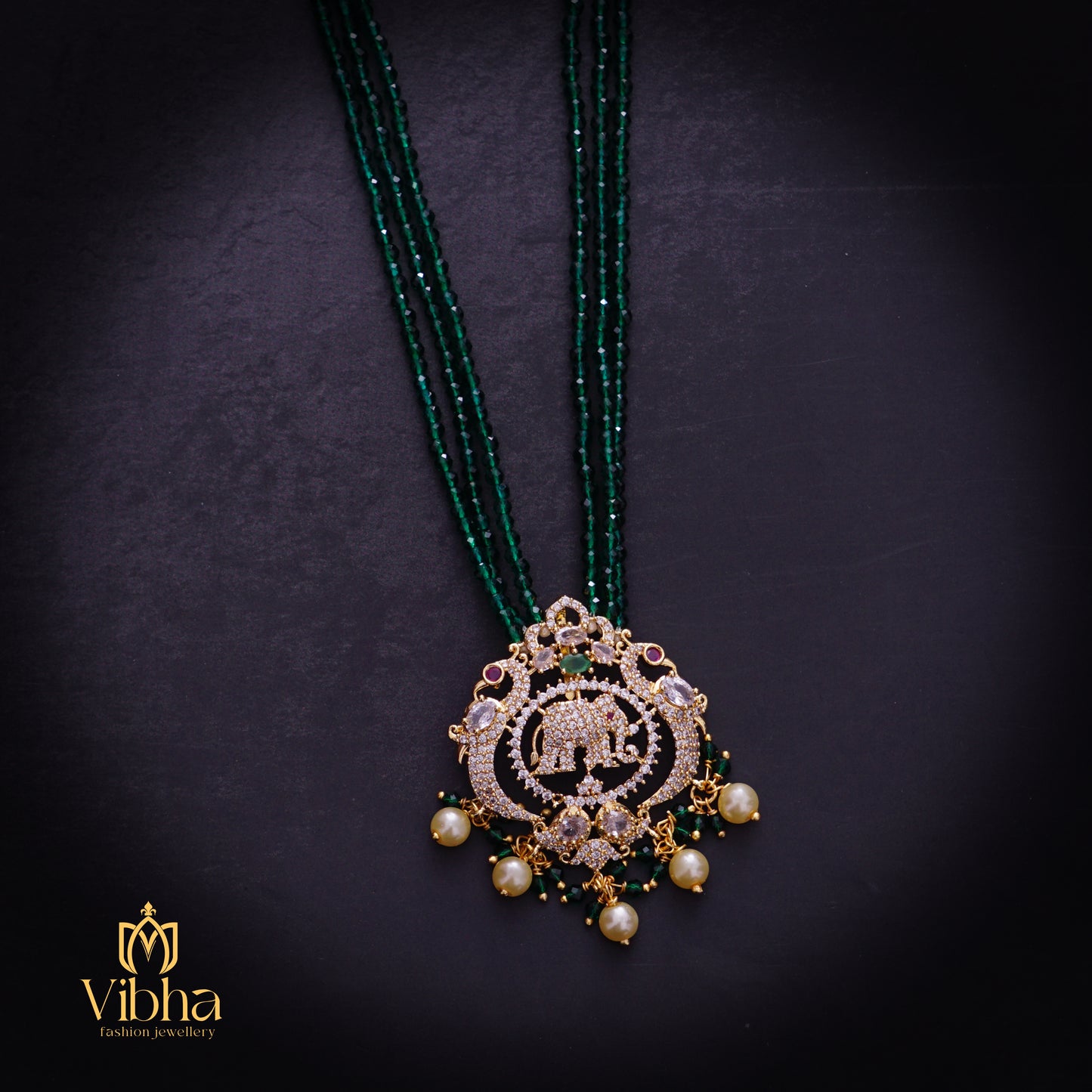 Double Peacock Design Beads Mala with Elephant Motifs