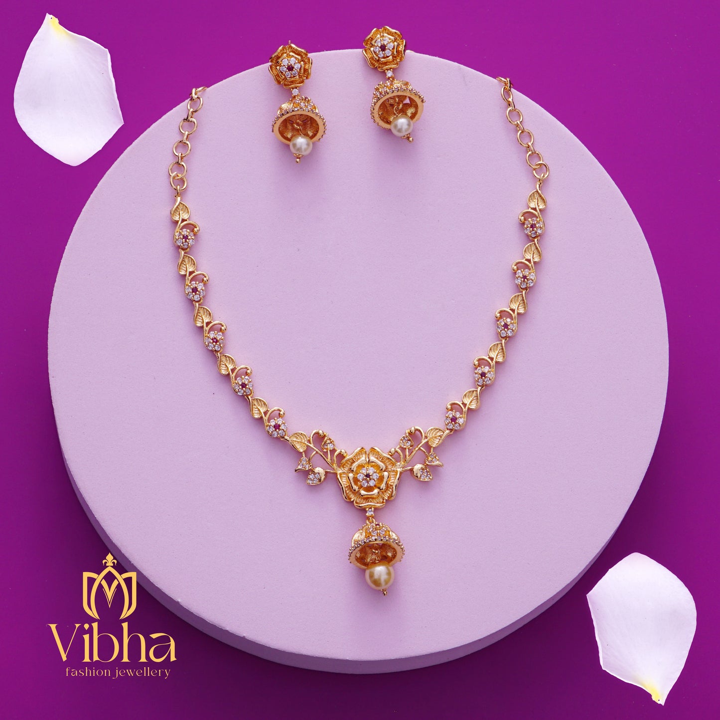 Floral Design Necklace and Jhumkas Set