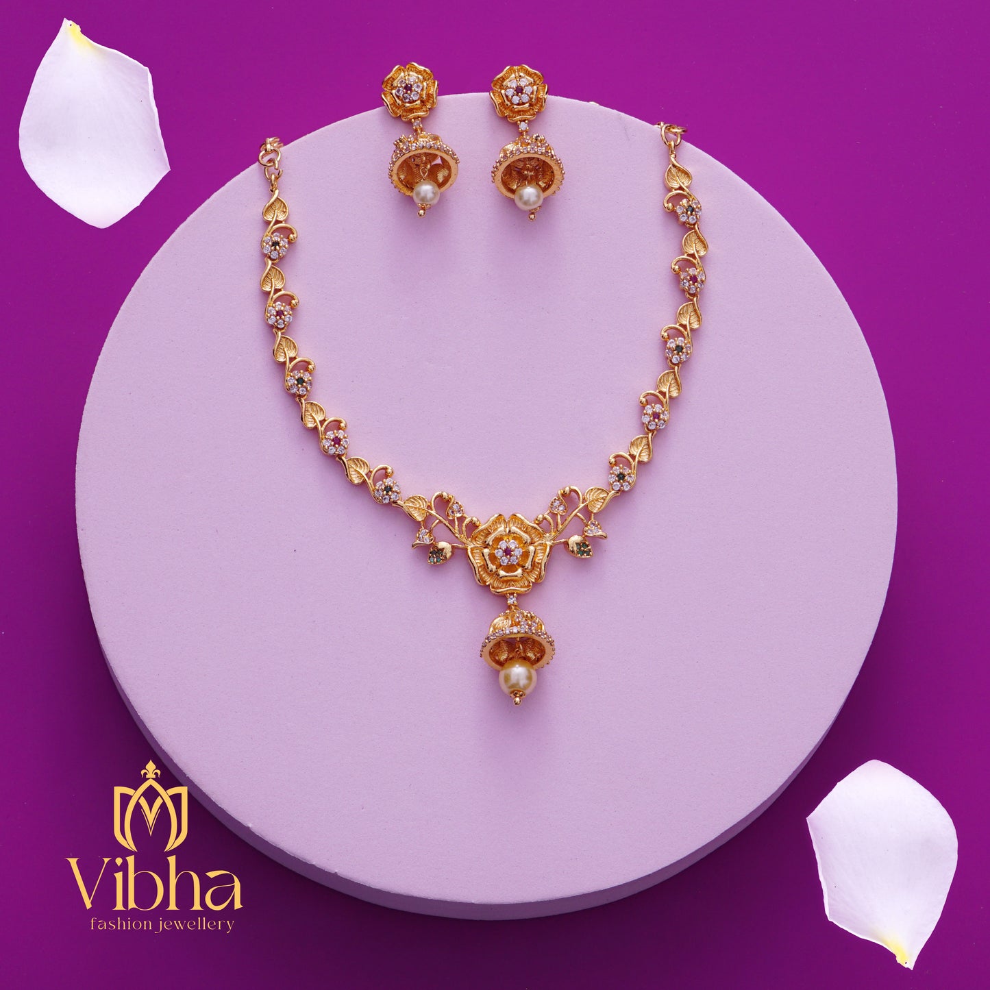 Floral Design Necklace and Jhumkas Set