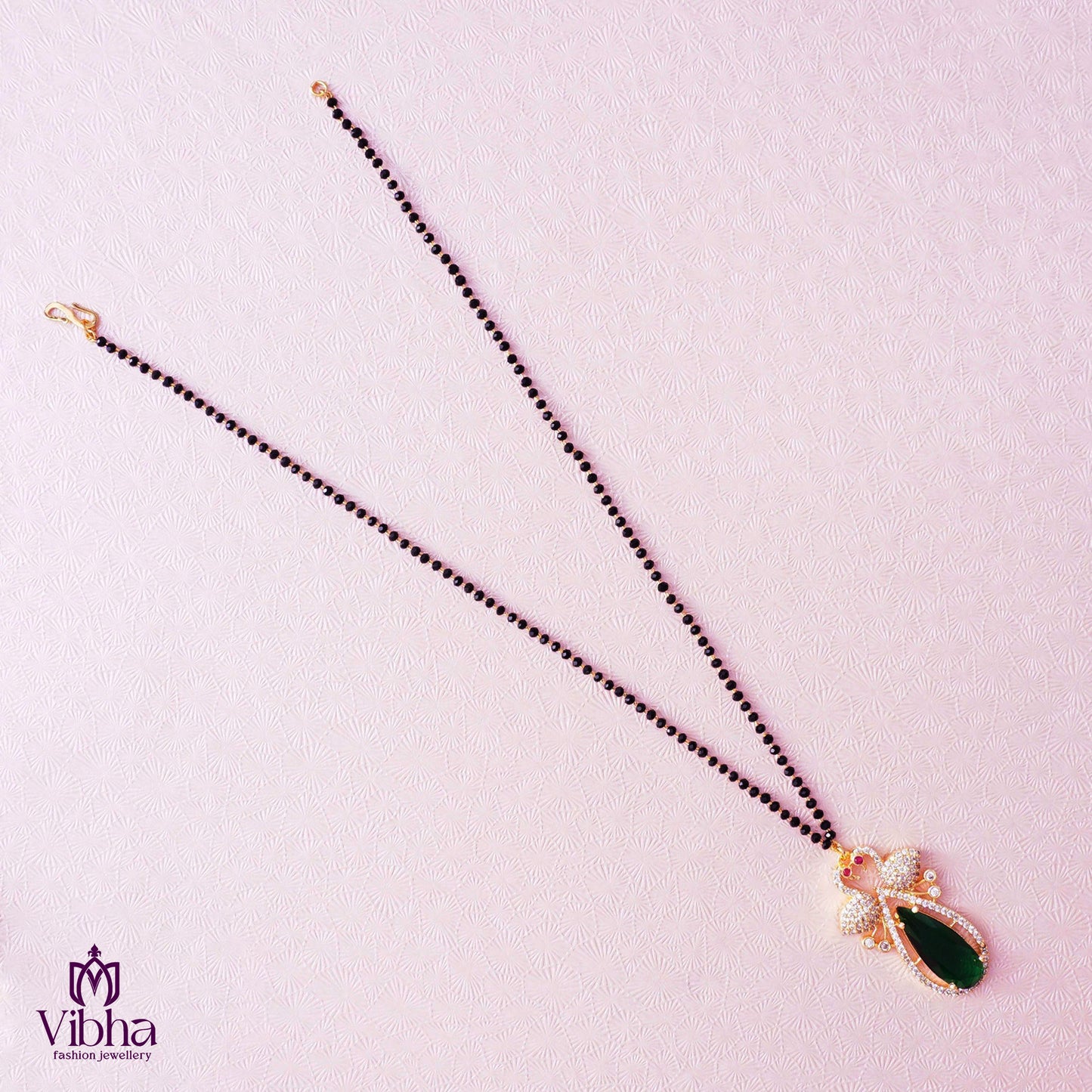 Short Black Beads Chain with Peacock Design CZ Pendant