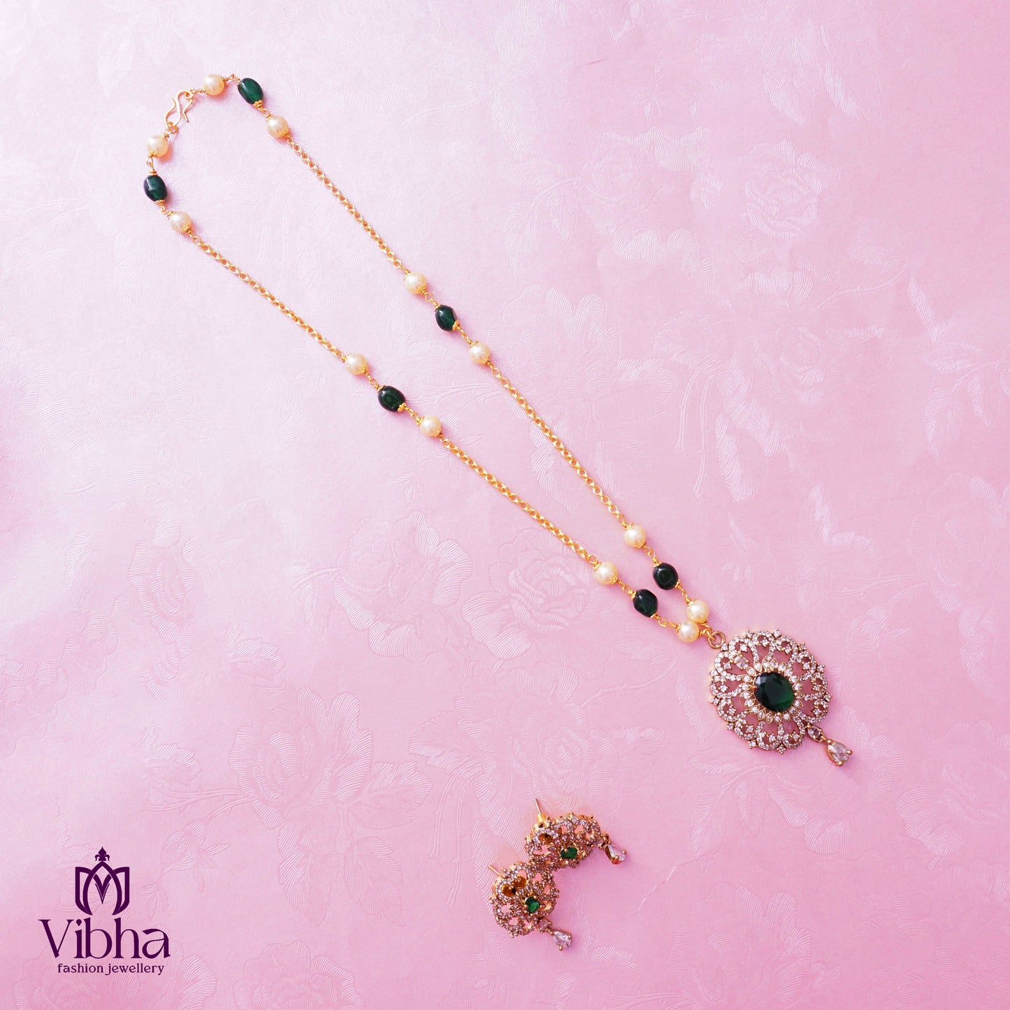 BEADS MALA WITH MEHANDI VICTORIAN PENDANT