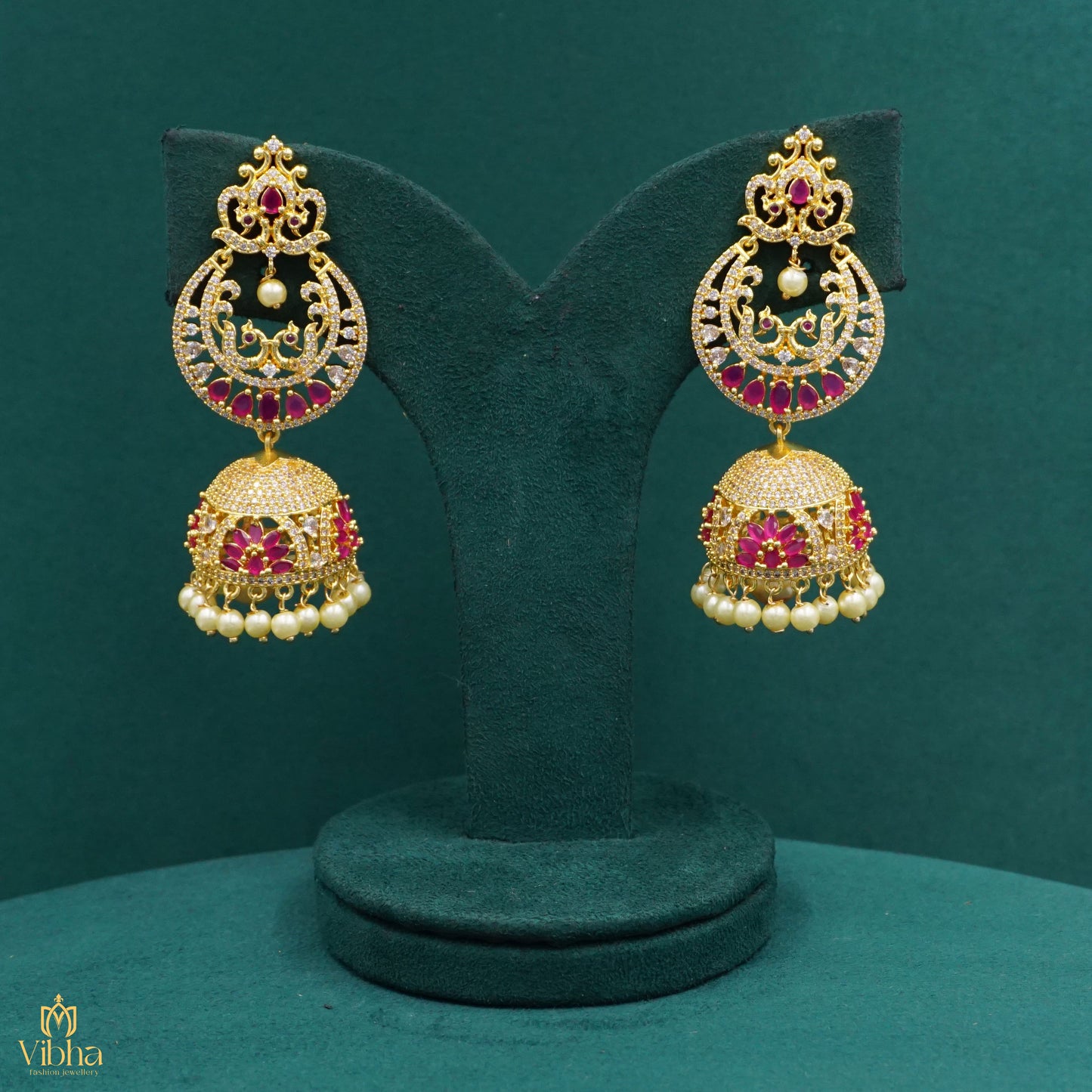 Chandbali Designed Zircon Bridal Jhumkas Set