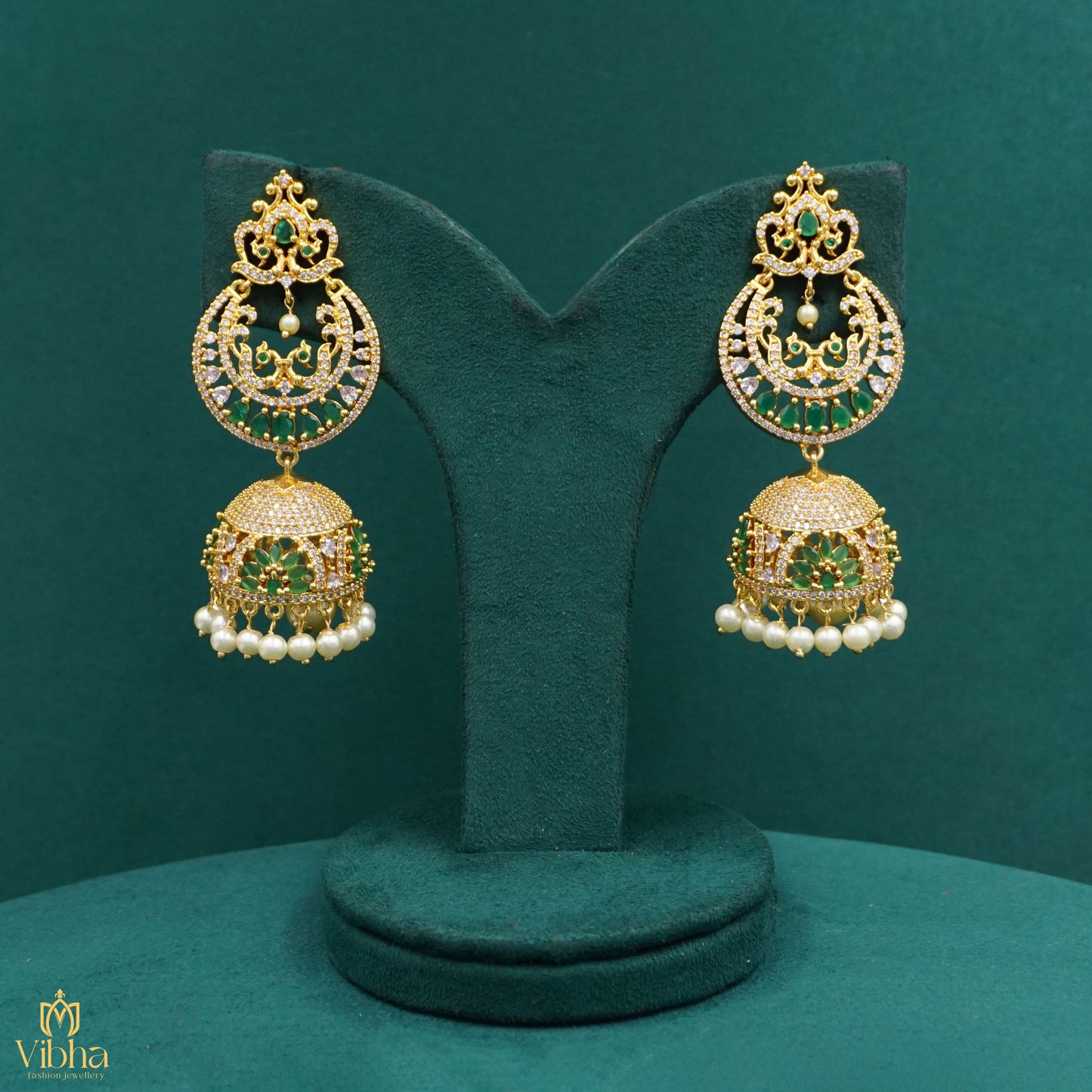 Chandbali Designed Zircon Bridal Jhumkas Set