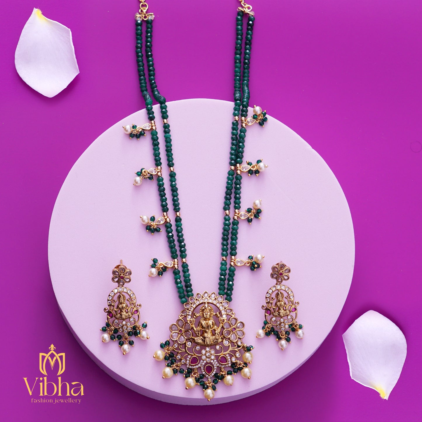 Lakshmi Devi Design Beads Mala and Earrings Set