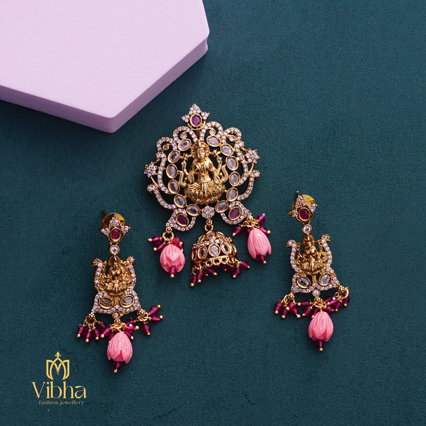 Lakshmi Devi Pendant and Earrings Set