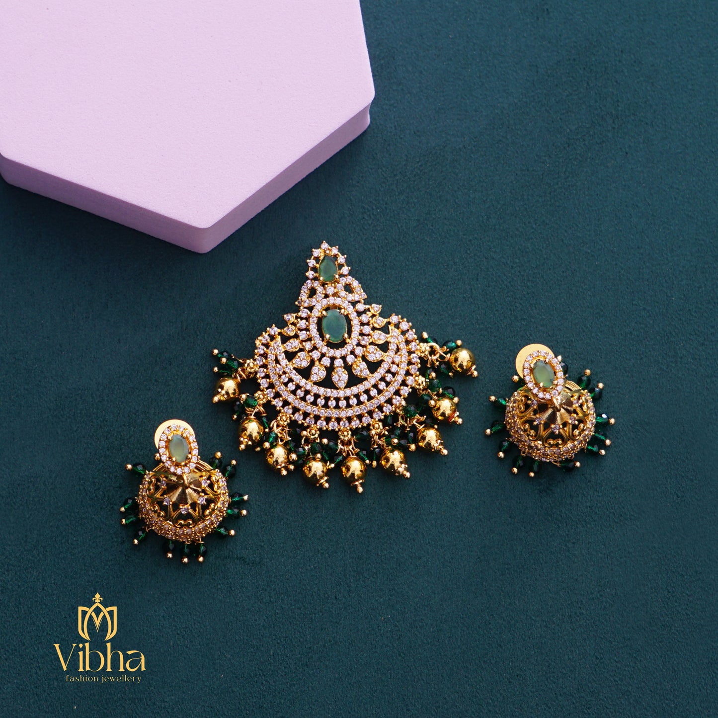 Chandhbali Design Pendant and Jhumkas Set