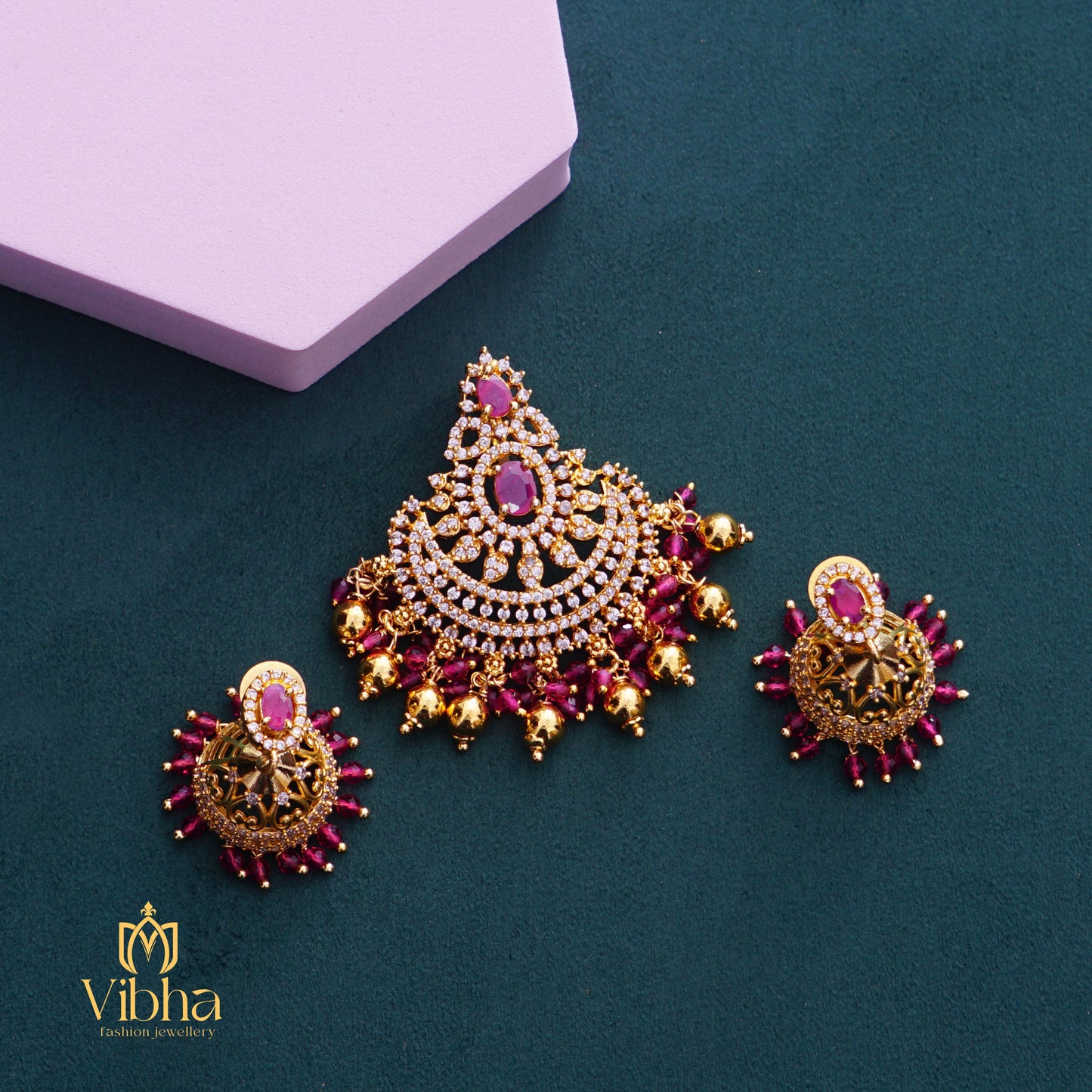 Chandhbali Design Pendant and Jhumkas Set