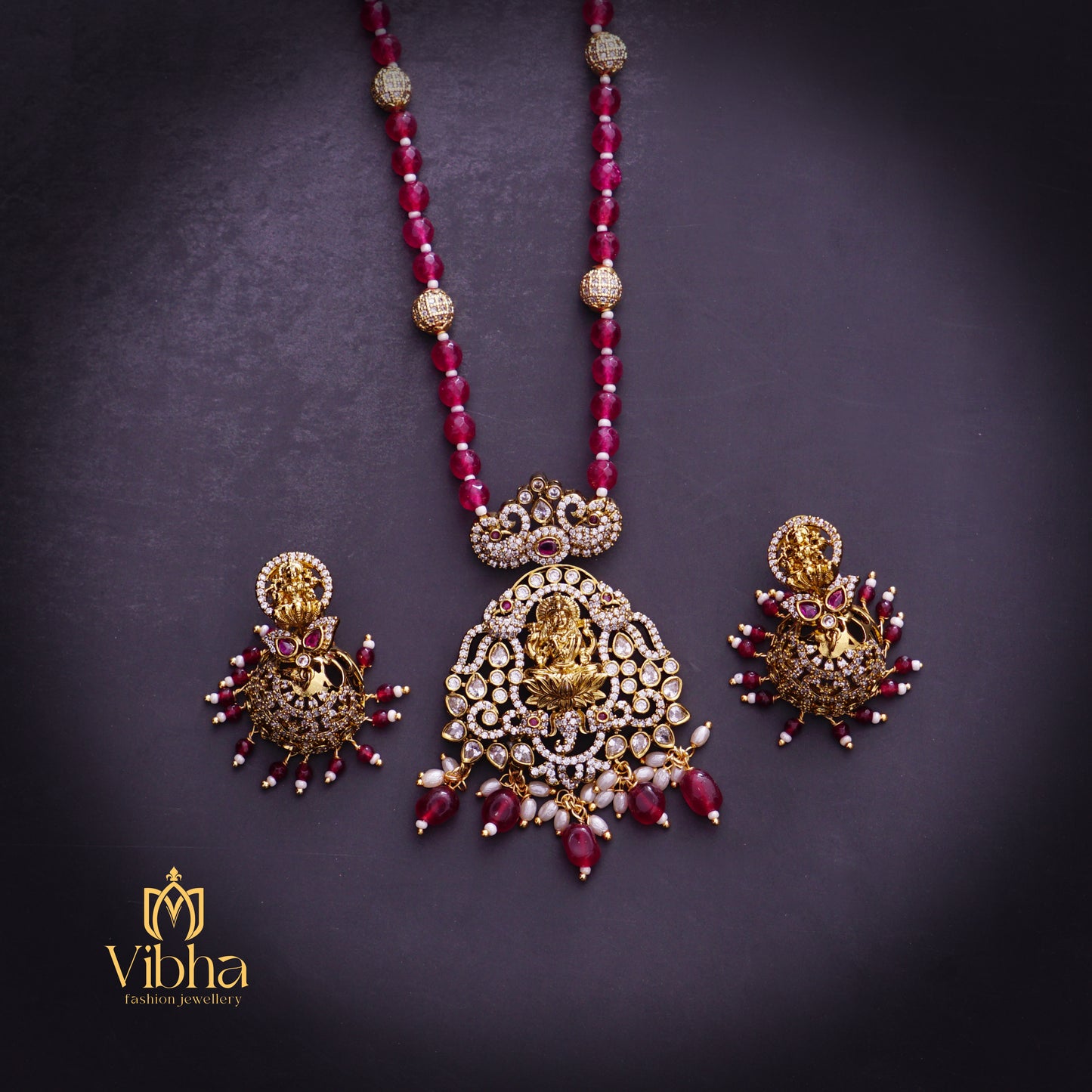 Double Peacock Design Beads Mala and Jhumkas Set