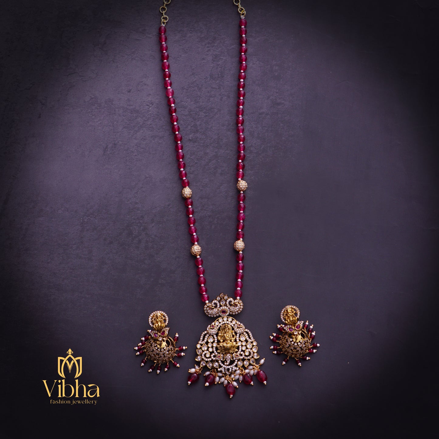 Double Peacock Design Beads Mala and Jhumkas Set