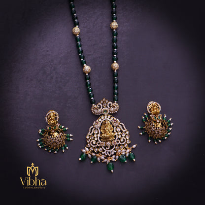 Double Peacock Design Beads Mala and Jhumkas Set