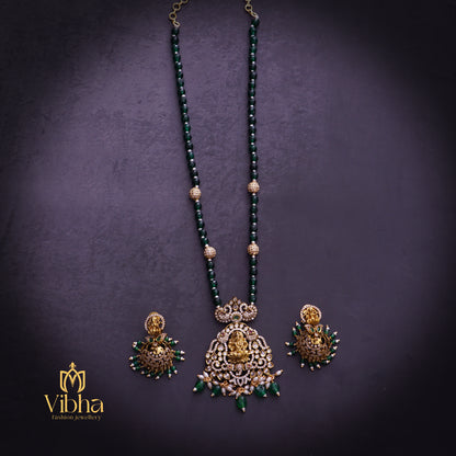 Double Peacock Design Beads Mala and Jhumkas Set