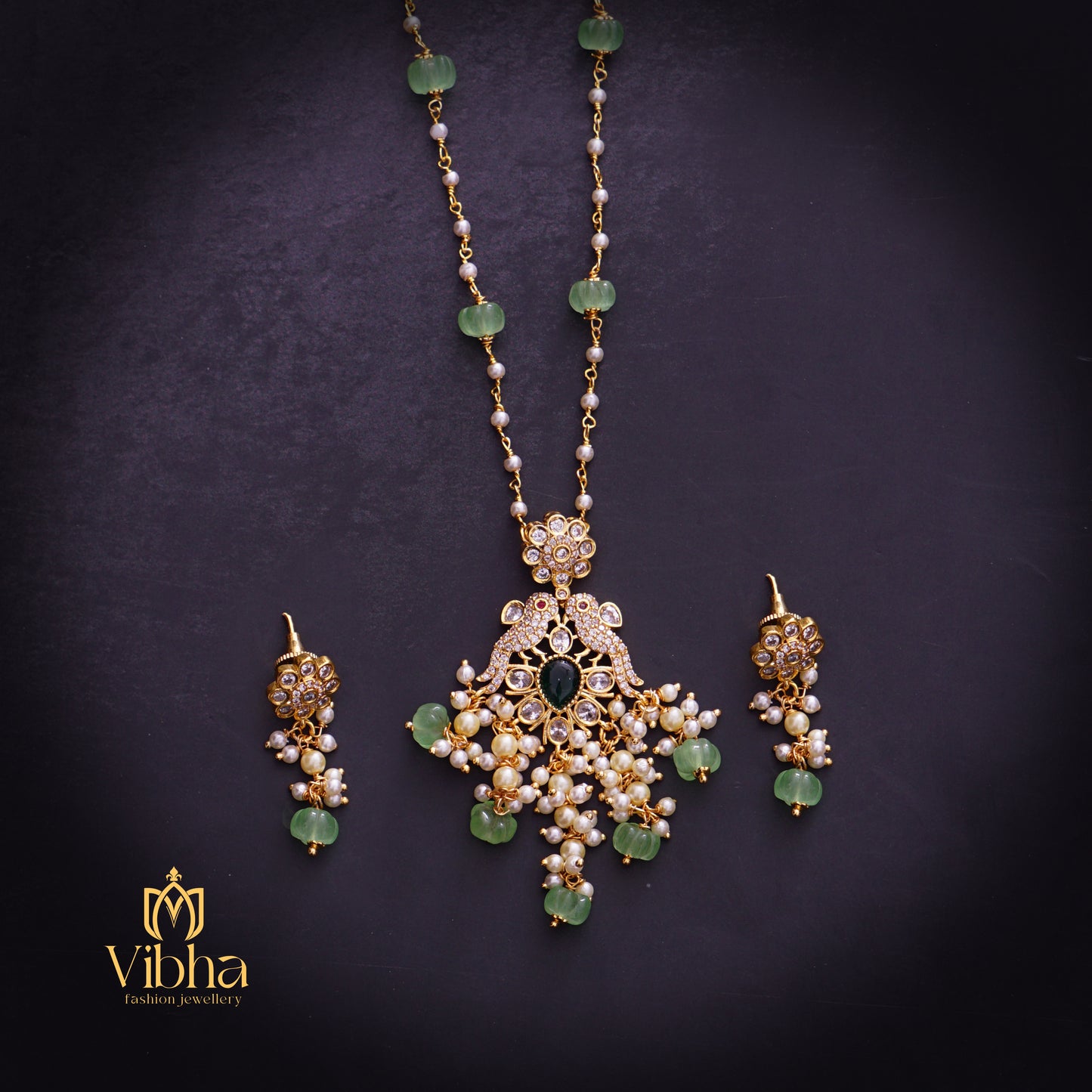 Double Peacock Design Beads Mala and Earrings Set