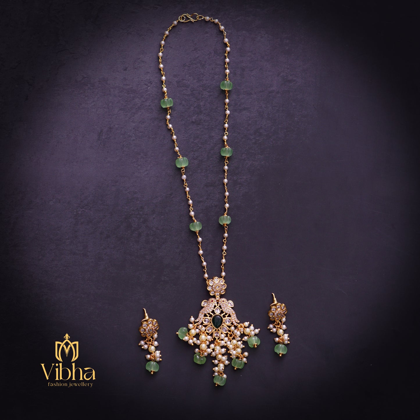 Double Peacock Design Beads Mala and Earrings Set