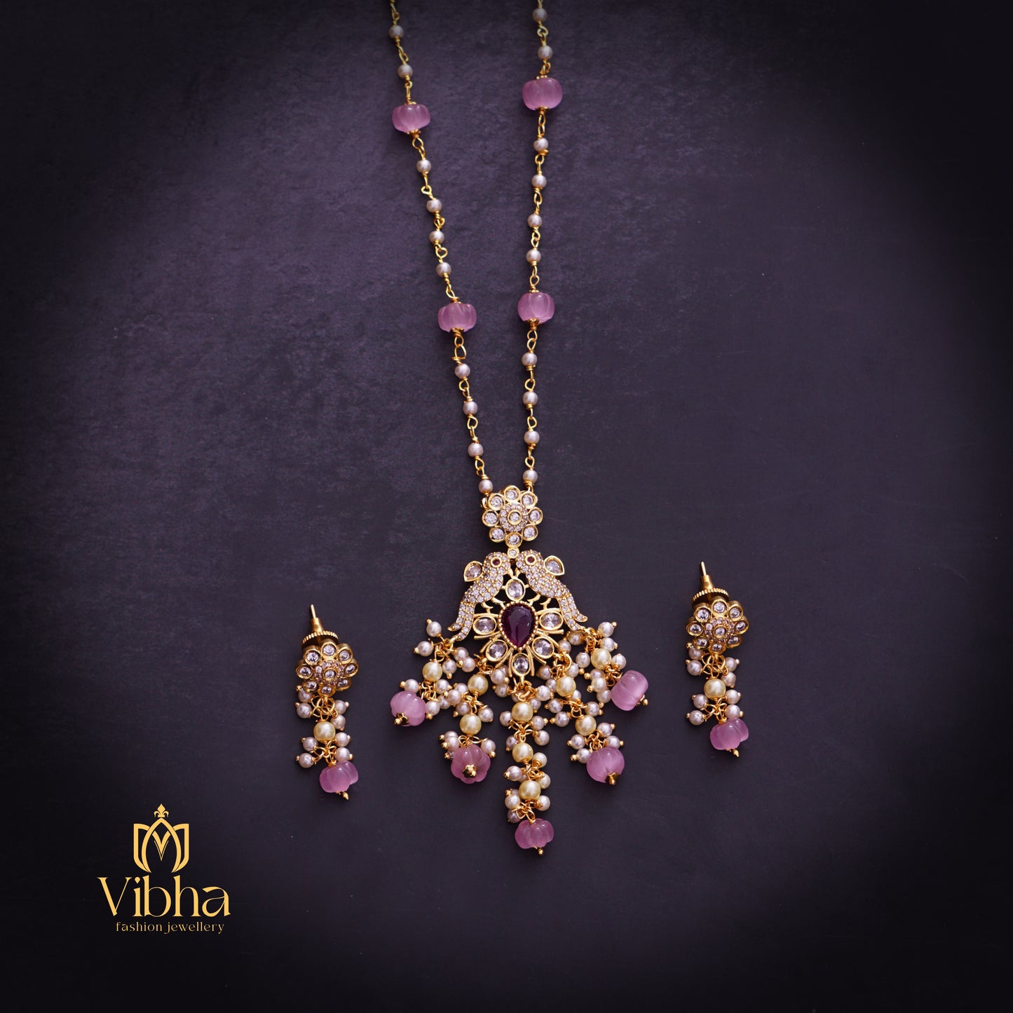 Double Peacock Design Beads Mala and Earrings Set