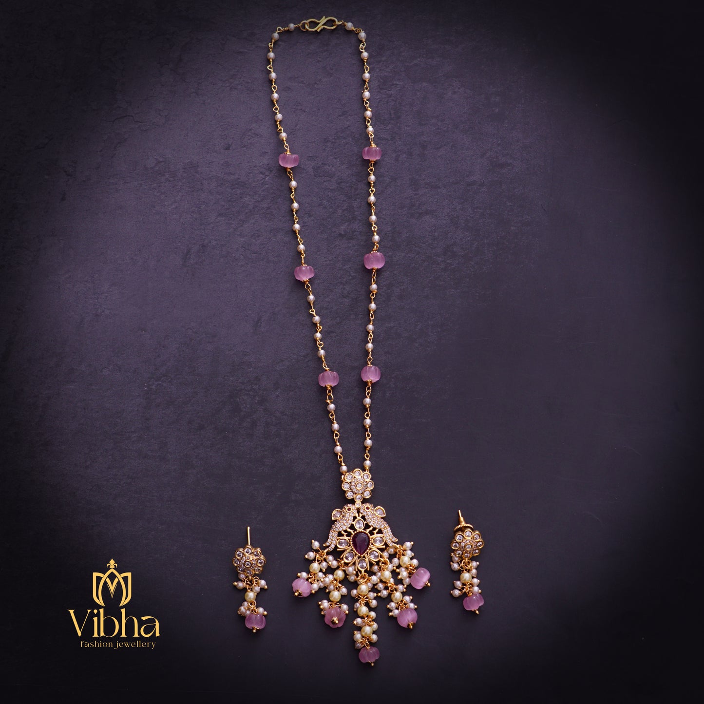 Double Peacock Design Beads Mala and Earrings Set