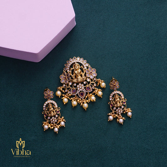 Floral Pendant and Earrings Set with Lakshmi Devi Idol