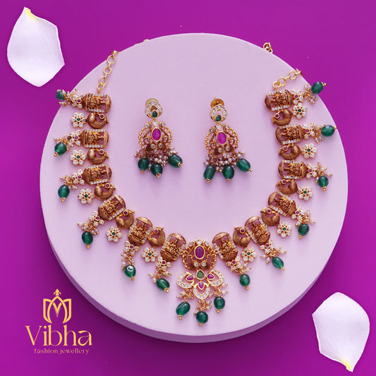 Lakshmi Devi Gopuram Design Necklace and Earrings Set