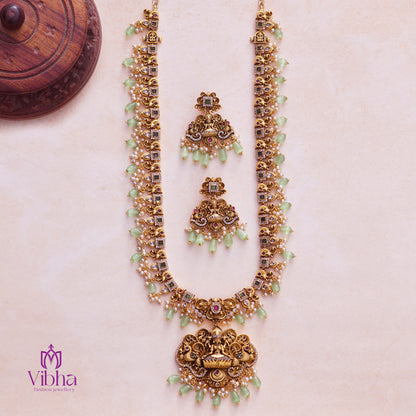 Peacock Design Haram Set with Lakshmi Devi Idol