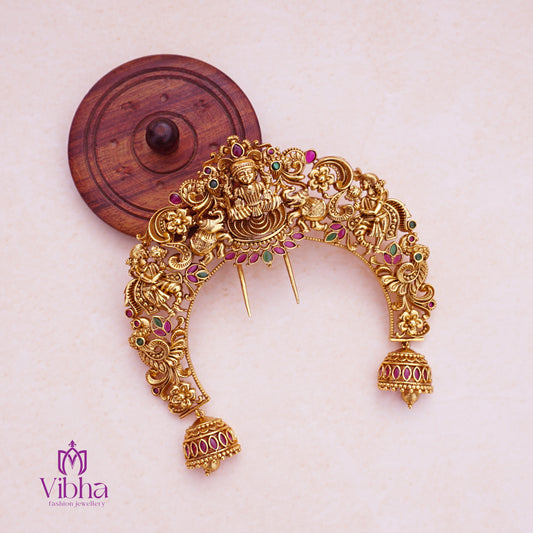 Nakshi Designed Hair Brooch with Gajalakshmi Idol