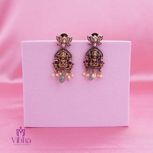 Lotus Design Earrings Set with Lakshmi Devi Idol