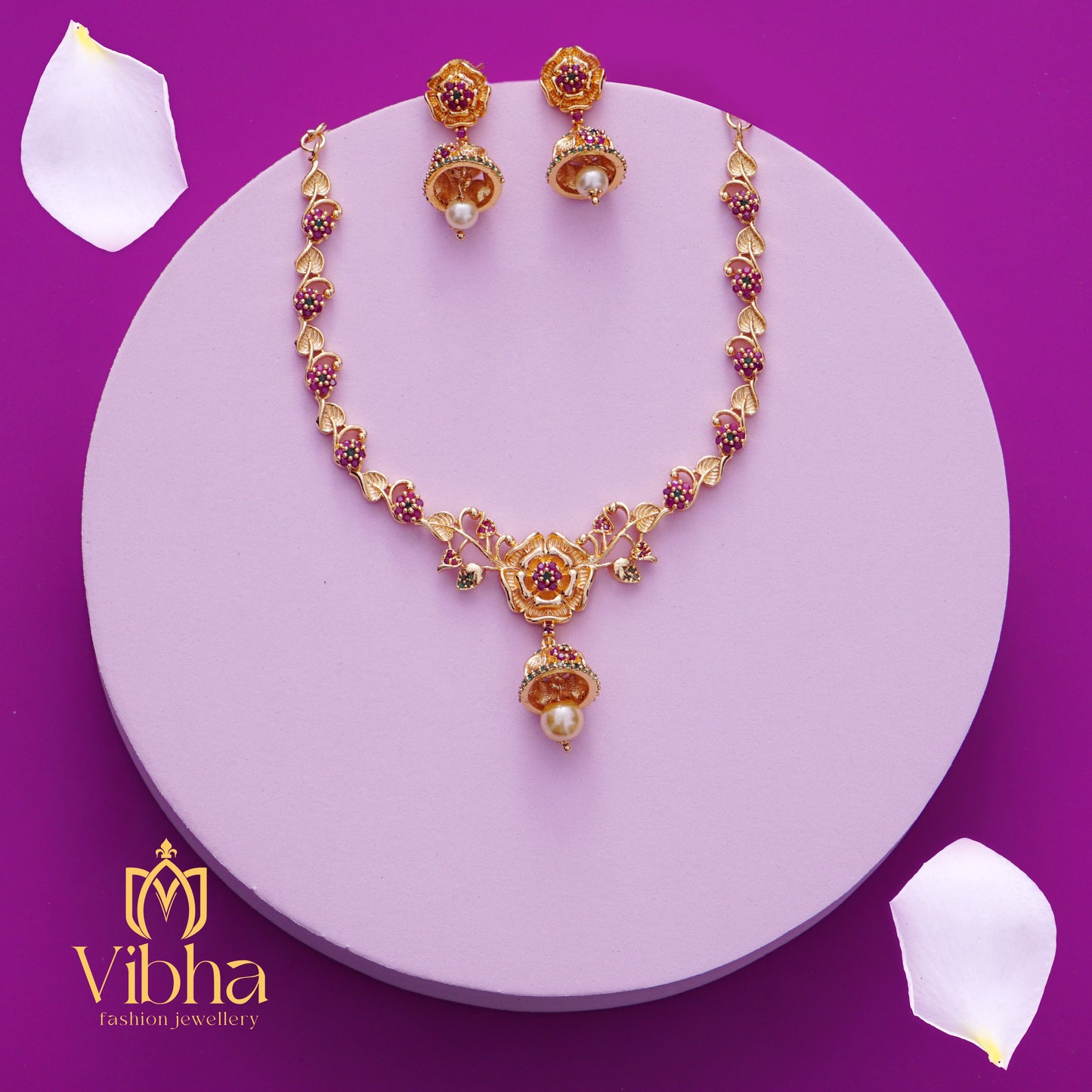Floral Design Necklace and Jhumkas Set