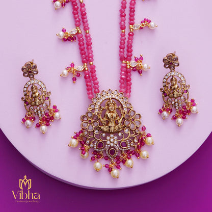 Lakshmi Devi Design Beads Mala and Earrings Set