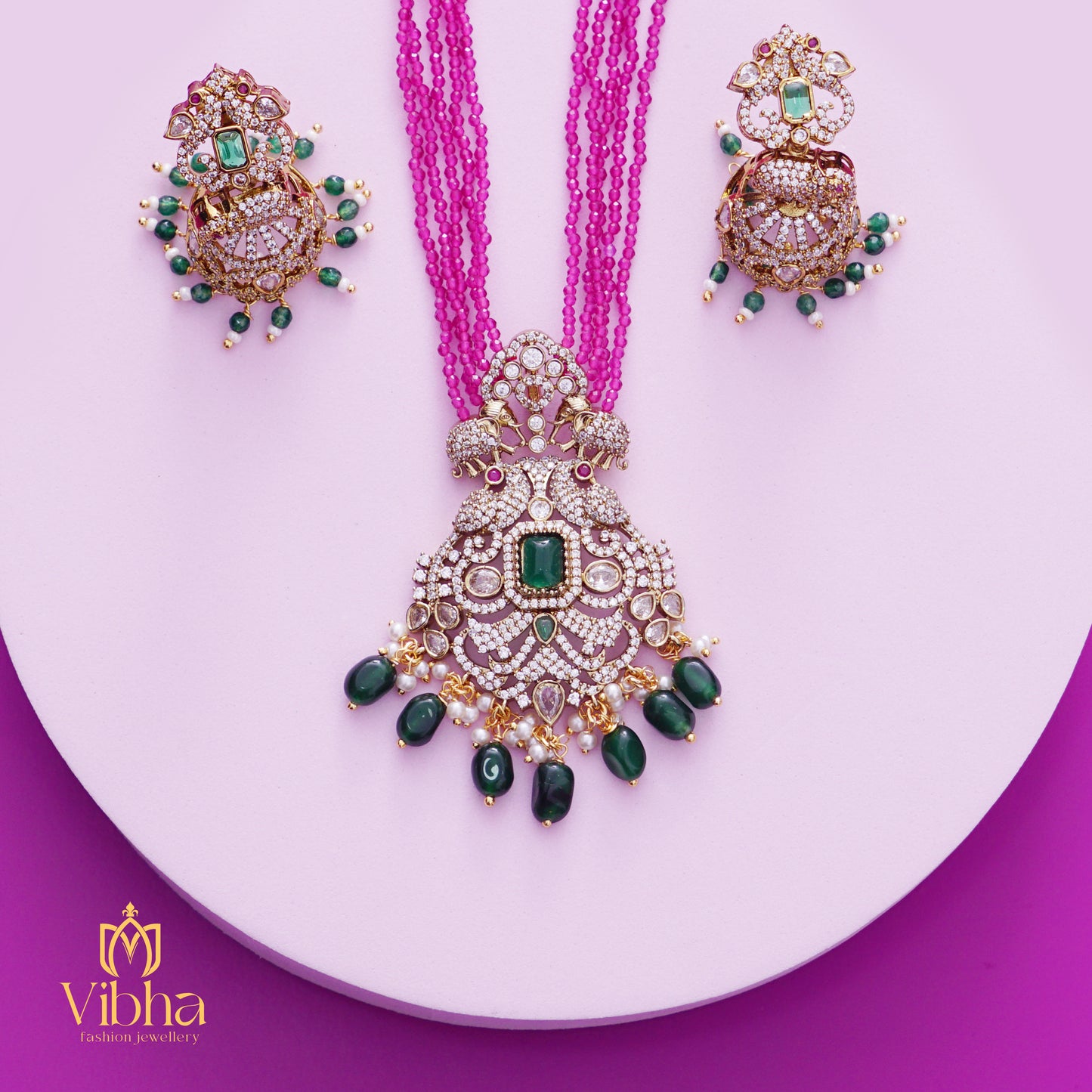 Elegant Double Peacock Haram and Jhumkas Set