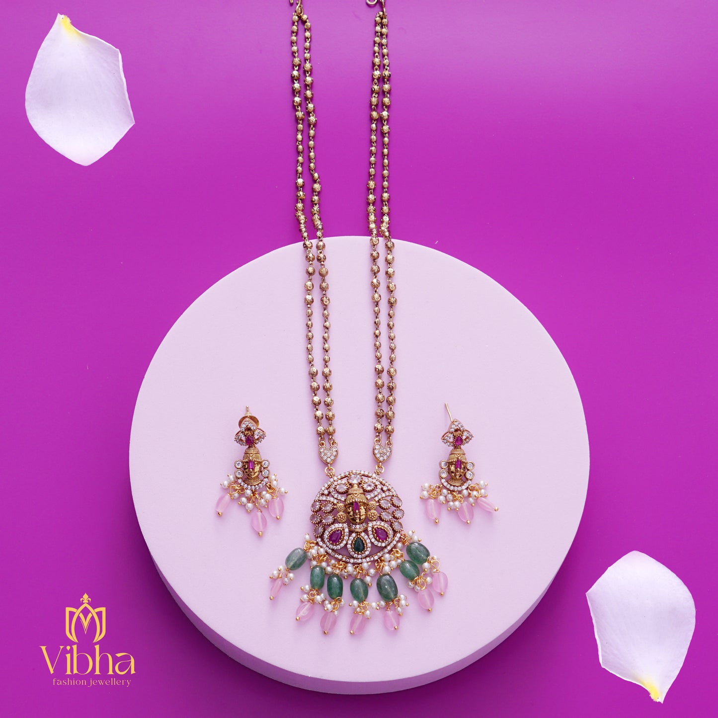 Circular Design Beads Mala and Earrings Set