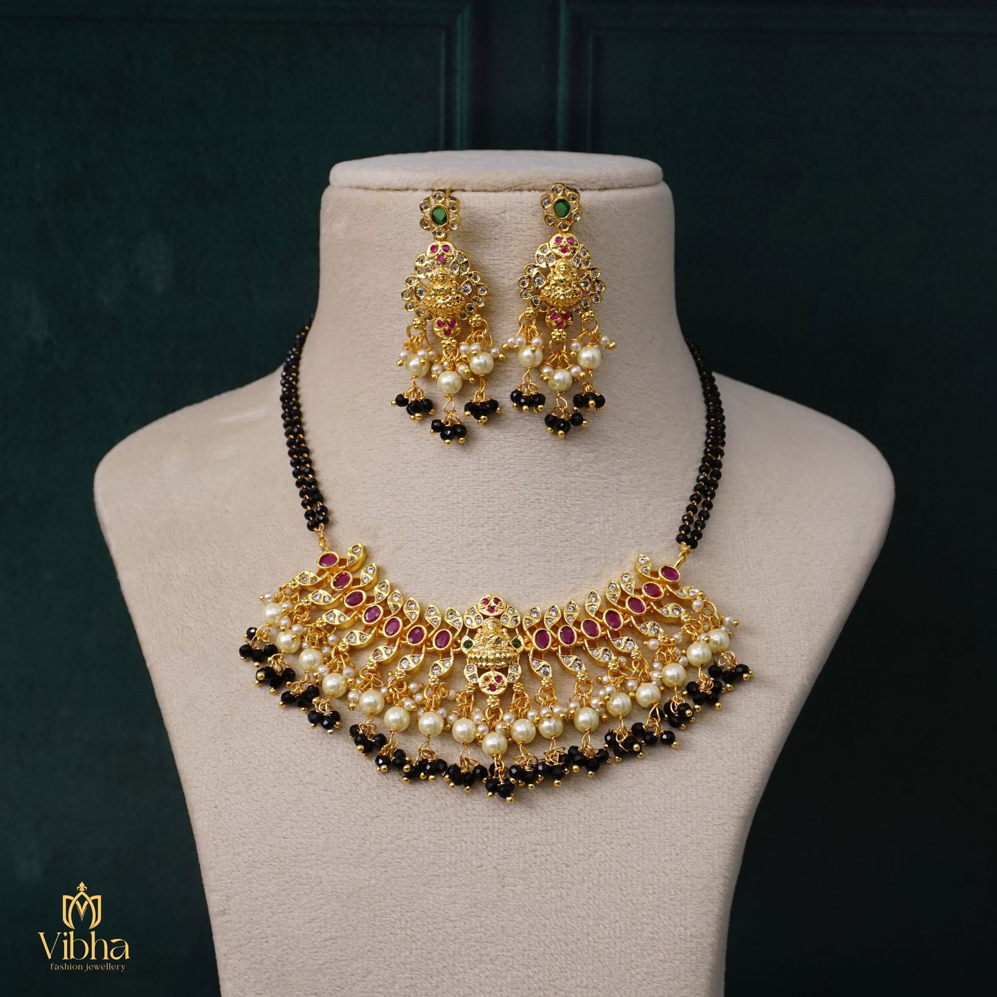 Lakshmi Devi Designed Short Black Beads Necklace