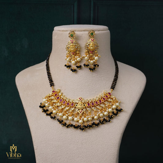 Lakshmi Devi Designed Short Black Beads Necklace