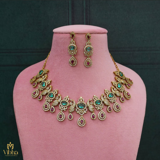 Peacock Designed Mehandi Finish Necklace Set
