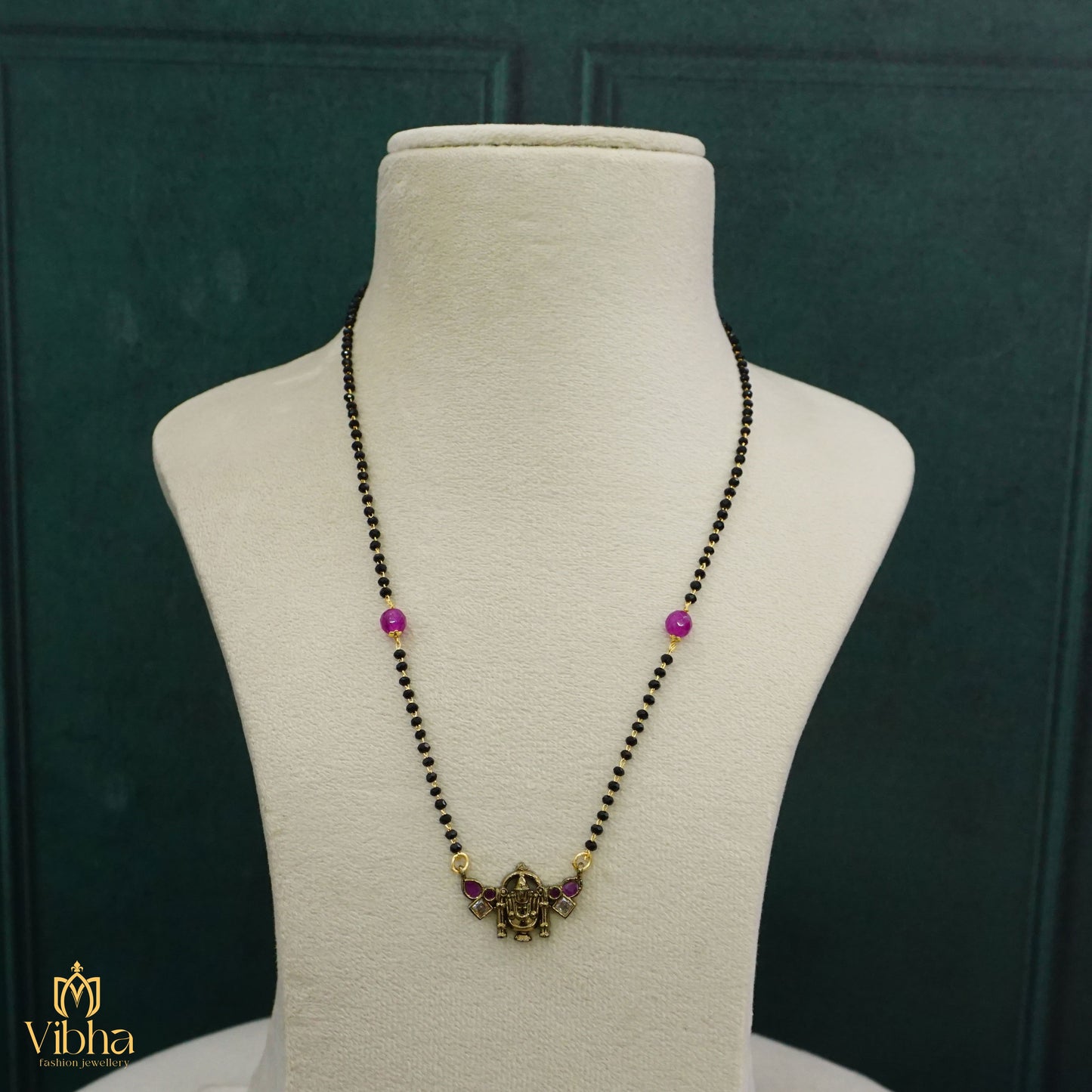 Short Black Beads with Lakshmi Devi Pendant
