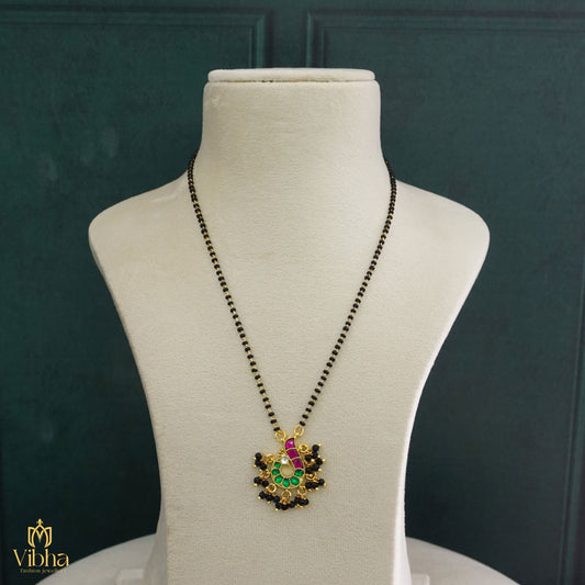 Short Black Beads with Peacock design Jadau Kundan Pendant
