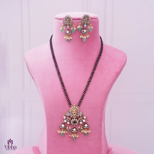 Short Black Beads Chain with Floral Design &amp; Lord Venkateswara Pendant