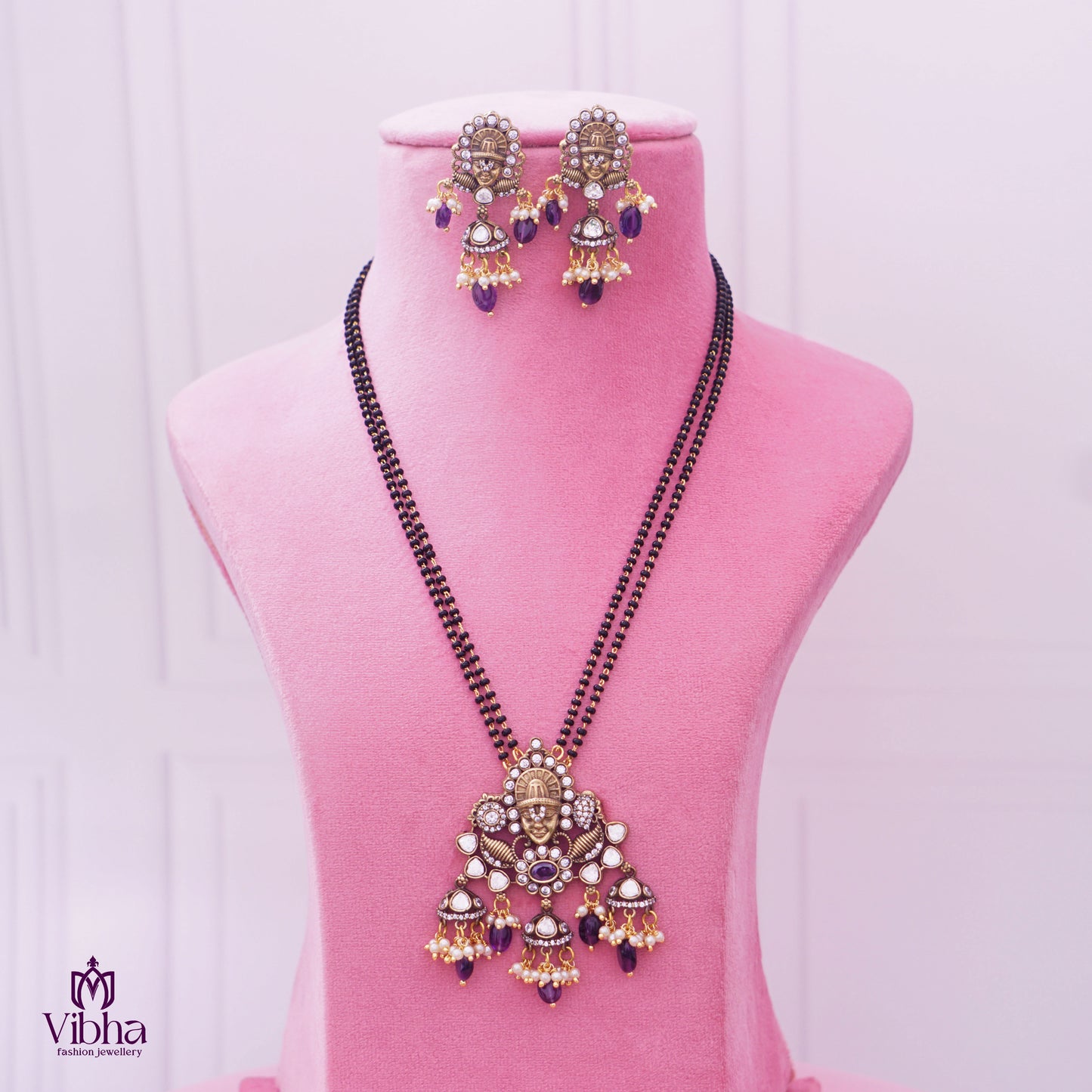 Short Black Beads Chain with Floral Design &amp; Lord Venkateswara Pendant