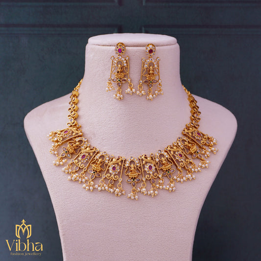 Lakshmi Devi Peacock & Floral Motif Necklace Set