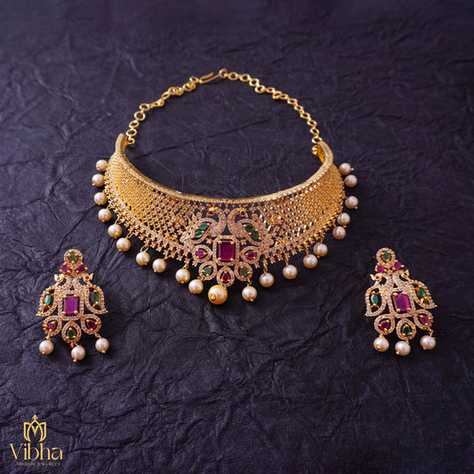 Peacock Designed Zircon Choker Set