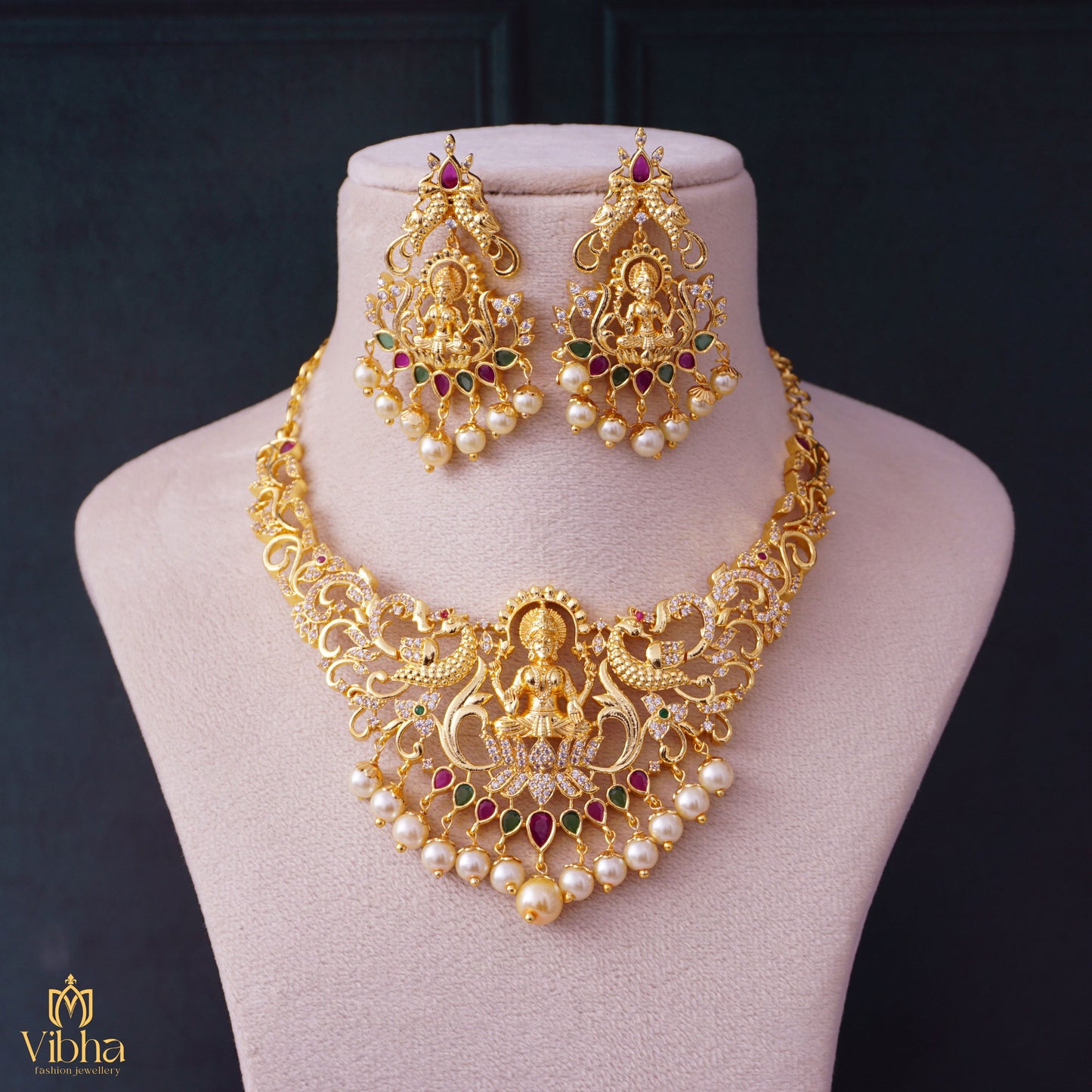Peacock Designed Lakshmi Devi Zircon Necklace