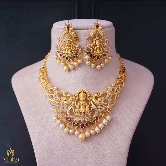 Peacock Designed Lakshmi Devi Zircon Necklace