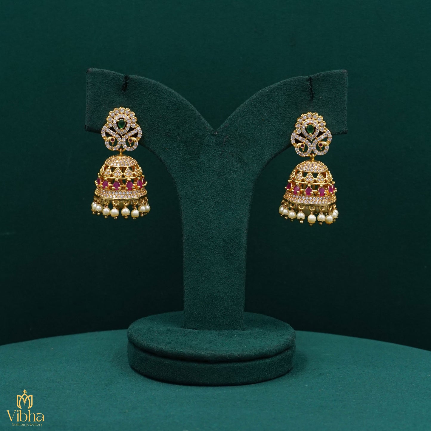 Double Peacock Designed Zircon Jhumkas Set