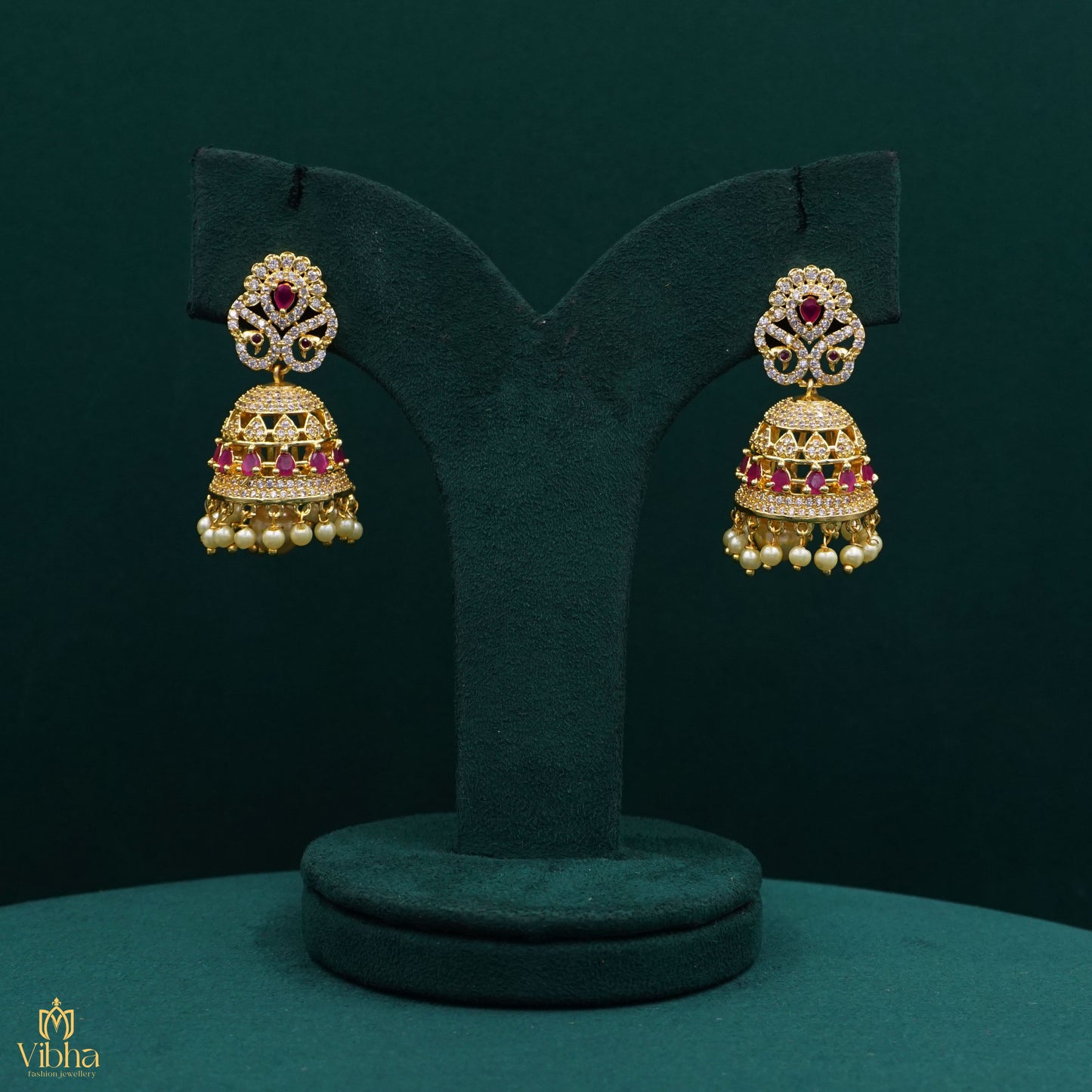 Double Peacock Designed Zircon Jhumkas Set