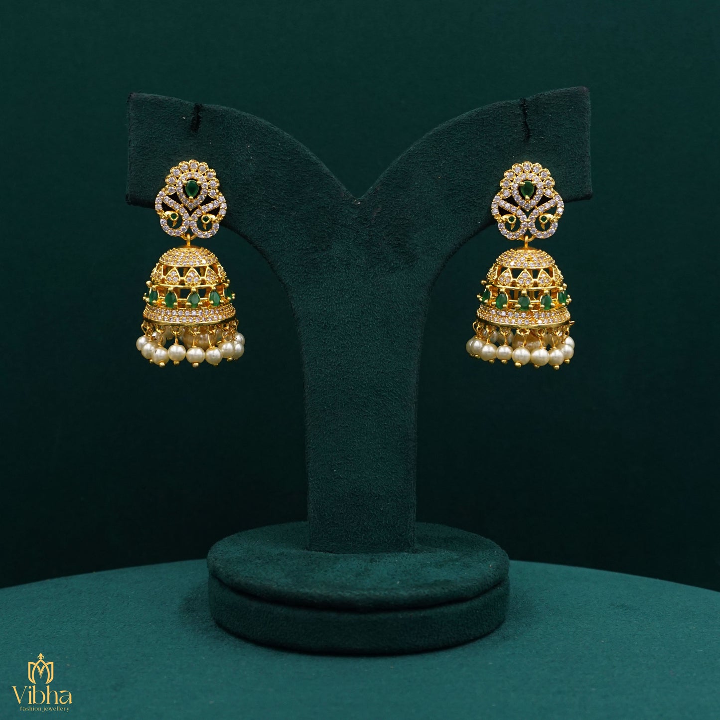 Double Peacock Designed Zircon Jhumkas Set