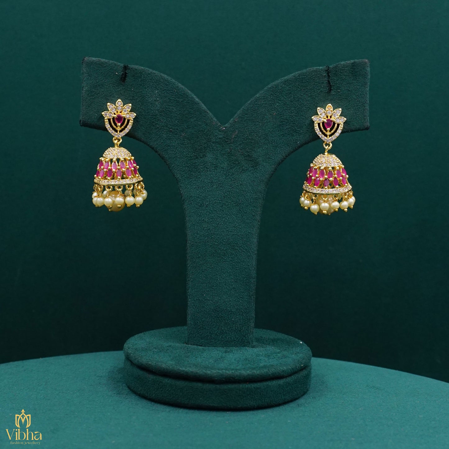 Floral-Designed Zircon Jhumkas Set